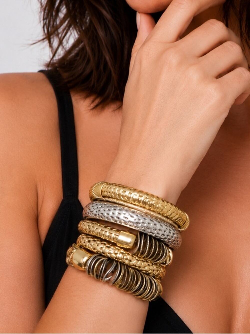 Mixed Metal Mesh Bangle Bracelet Set Stackable Boho Luxe Statement Cuff Set
